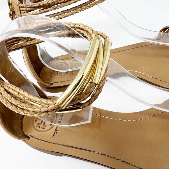 TORY BURCH MIGNON TAN BRAIDED STRAP GOLD METAL DETAIL FLAT SANDALS SZ 10.5 - Picture 2 of 7